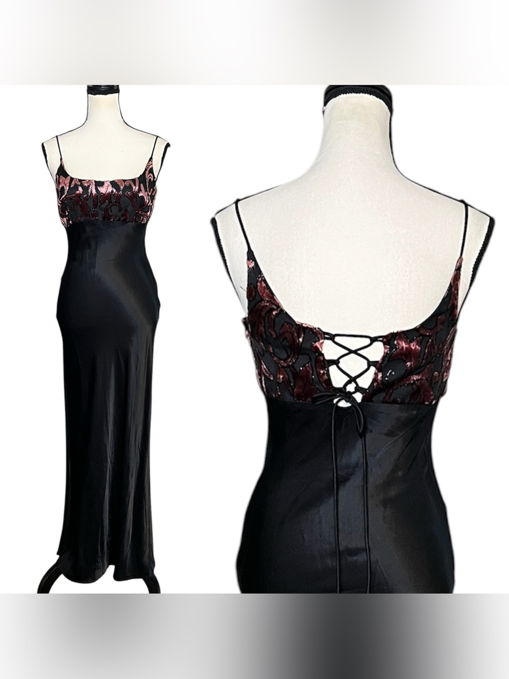 Vintage 90s Rampage Satin Velvet Burnout Corset Tie Back Goth Maxi Slip Dress